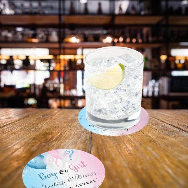 Gender reveal party pink blue boy girl balloons round paper coaster (Creator Uploaded)