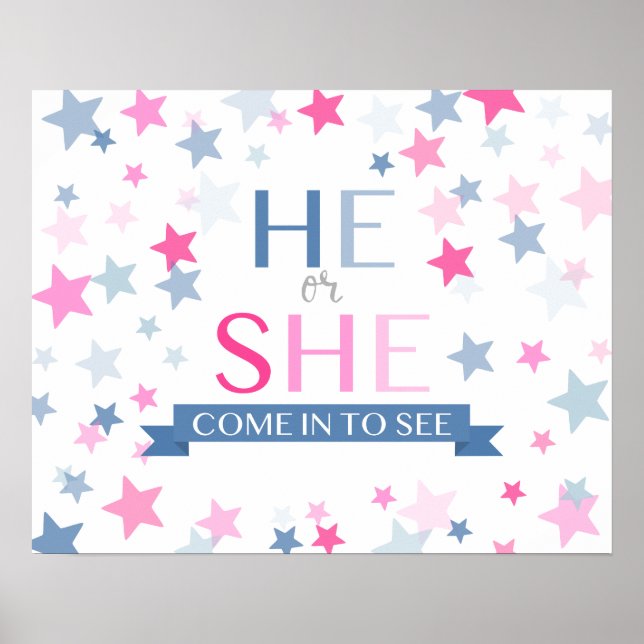 Gender reveal party sign, he or she come in to see poster (Front)