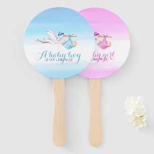 Gender reveal party stork girl or boy baby shower hand fan