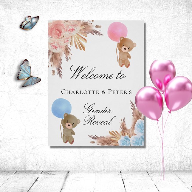 Gender reveal party teddy bear pampas grass couple poster (Creator Uploaded)
