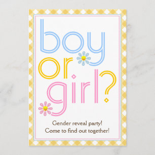 Gender reveal party text design with daisy flowers invitation