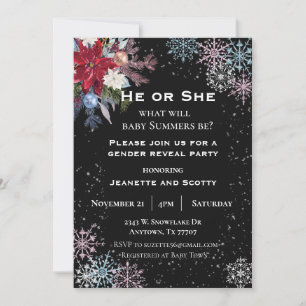 Gender Reveal Party Winter Snowflake Poinsettia Invitation