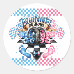 Gender Reveal Pink and Blue Bows and Tires Classic Round Sticker