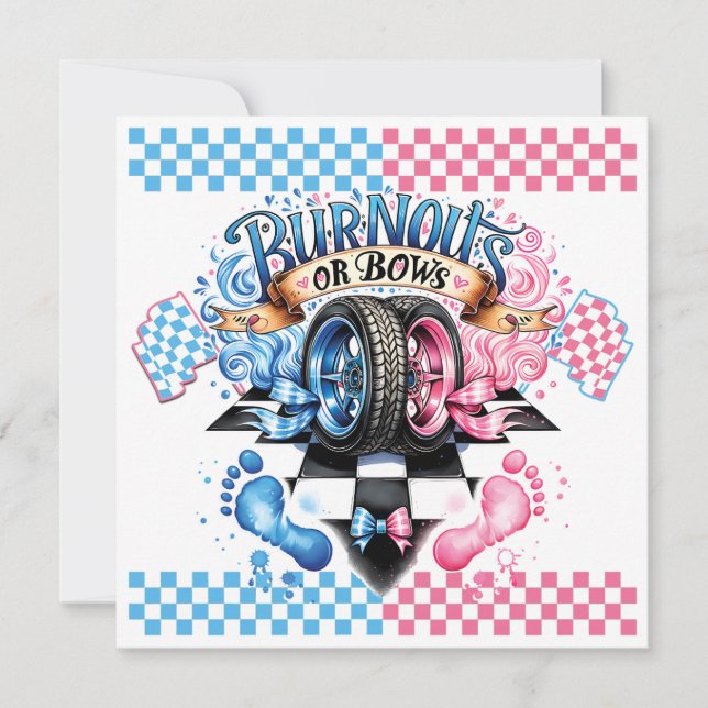 Gender Reveal Pink and Blue Bows and Tires Invitation (Front)