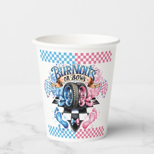 Gender Reveal Pink and Blue Bows and Tires Paper Cups (Front)
