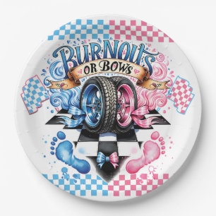 Gender Reveal Pink and Blue Bows and Tires Paper Plate