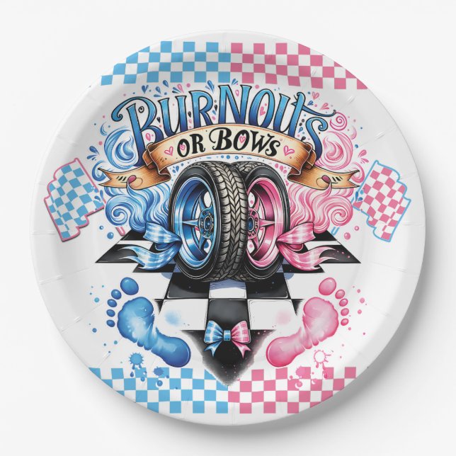 Gender Reveal Pink and Blue Bows and Tires Paper Plate (Front)