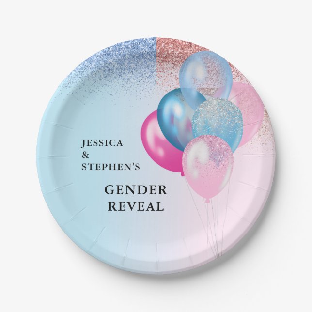 Gender Reveal Pink Blue Balloons Glitter   Paper Plate (Front)