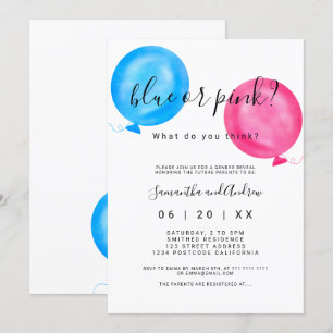 Gender reveal pink blue balloons typography invitation