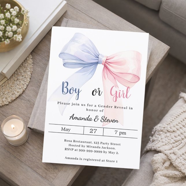Gender reveal pink blue bow boy girl invitation (Creator Uploaded)