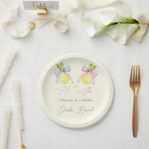 Gender Reveal Pink Blue Bow Lemon  Paper Plate