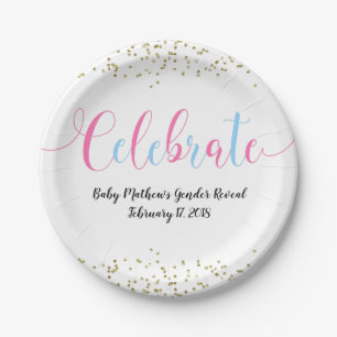 Gender Reveal Pink Blue Celebrate Gold Confetti Paper Plate