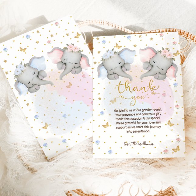 Gender Reveal Pink Blue Floral Elephant Thank You Card (Creator Uploaded)