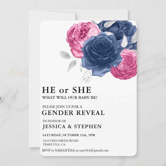 Gender Reveal Pink Blue Floral Flowers  Invitation (Front)