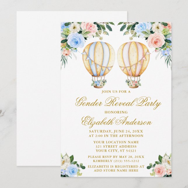 Gender Reveal Pink Blue Floral Hot Air Balloons Invitation (Front/Back)