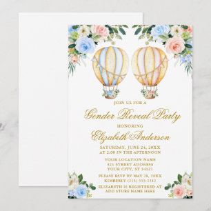 Gender Reveal Pink Blue Floral Hot Air Balloons Invitation