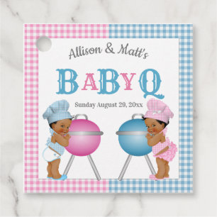 Gender Reveal Pink Blue Gingham Baby Q BBQ Favour Tags