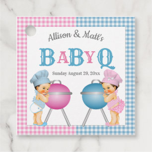 Gender Reveal Pink Blue Gingham Baby Q BBQ Favour Tags
