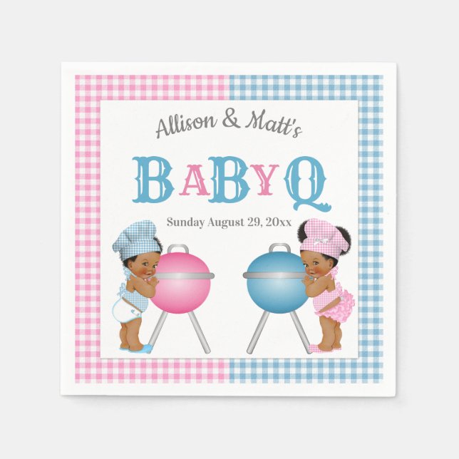 Gender Reveal Pink Blue Gingham Baby Q BBQ Napkin (Front)