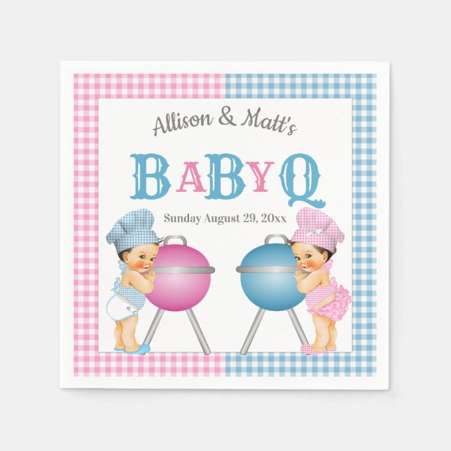 Gender Reveal Pink Blue Gingham Baby Q BBQ Napkin (Front)