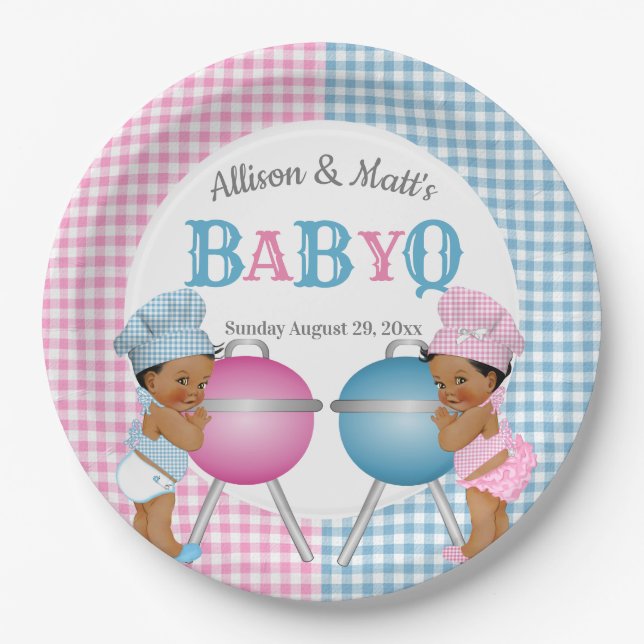 Gender Reveal Pink Blue Gingham Baby Q BBQ Paper Plate (Front)