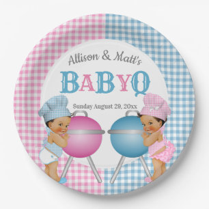Gender Reveal Pink Blue Gingham Baby Q BBQ Paper Plate
