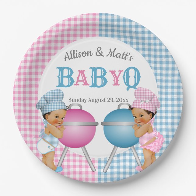 Gender Reveal Pink Blue Gingham Baby Q BBQ Paper Plate (Front)