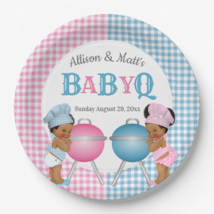 Gender Reveal Pink Blue Gingham Baby Q BBQ Paper Plate