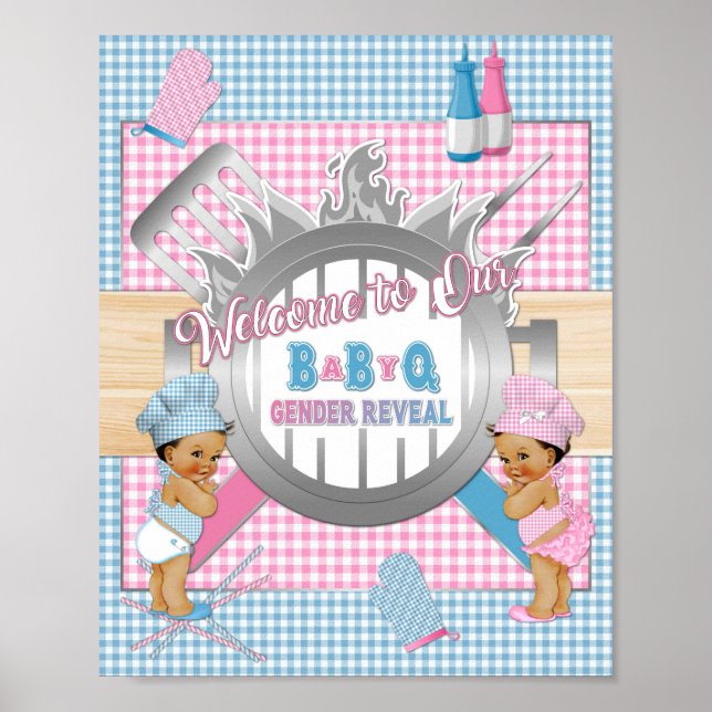 Gender Reveal Pink Blue Gingham Baby Q BBQ Poster (Front)