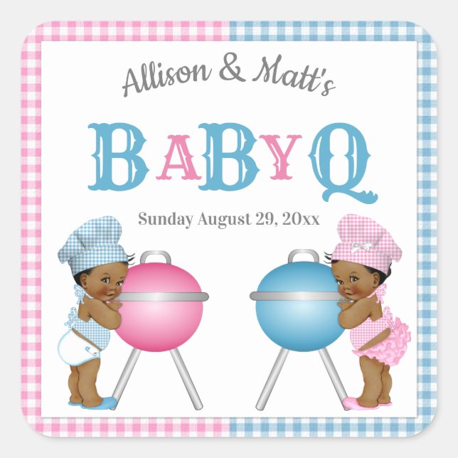 Gender Reveal Pink Blue Gingham BabyQ BBQ Square Sticker (Front)