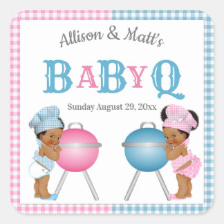 Gender Reveal Pink Blue Gingham BabyQ BBQ Square Sticker