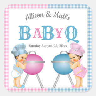 Gender Reveal Pink Blue Gingham BabyQ BBQ Square Sticker