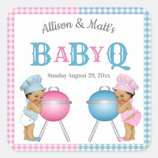 Gender Reveal Pink Blue Gingham BabyQ BBQ Square Sticker (Front)