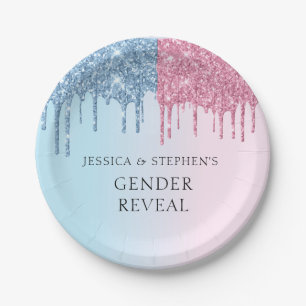 Gender Reveal Pink Blue Glitter Look Drips Paper Plate