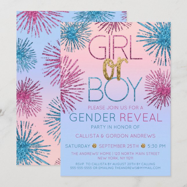 Gender Reveal Pink Blue Glitter Starburst Ombre Invitation (Front/Back)