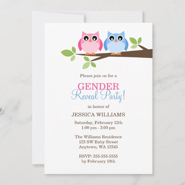 Gender Reveal Pink Blue Owls Branch Invitations (Front)