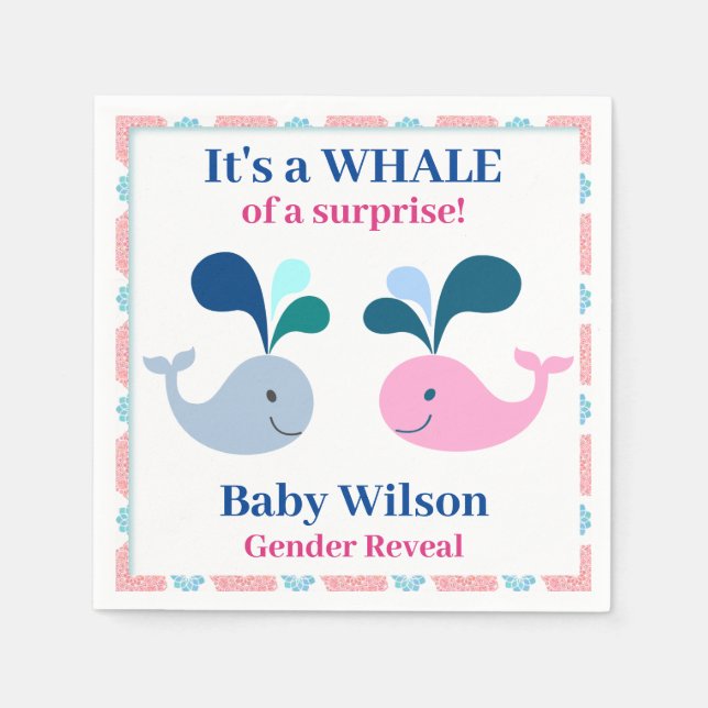 Gender Reveal Pink Blue Whale of a Surprise Napkin (Front)