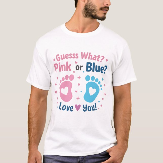 Gender Reveal Pink or Blue Footprints Baby Announc T-Shirt (Front)
