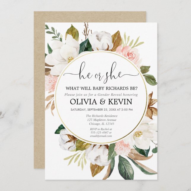 Gender reveal pink white floral rustic watercolors invitation (Front/Back)