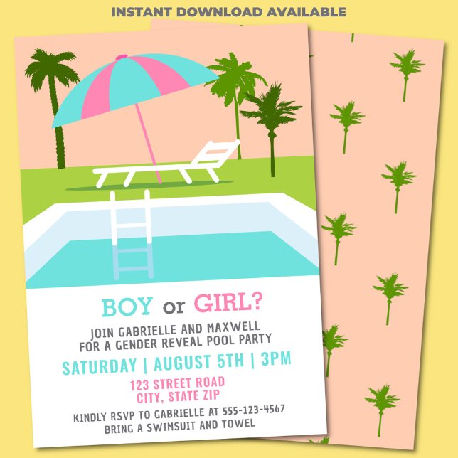 Gender Reveal Pool Party Tropical Swimming Pool Invitation (Tropical gender reveal pool party invitation)
