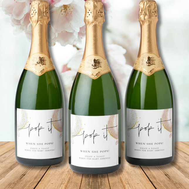 Gender reveal Pop it when she pops Baby Shower Sparkling Wine Label (Creator Uploaded)