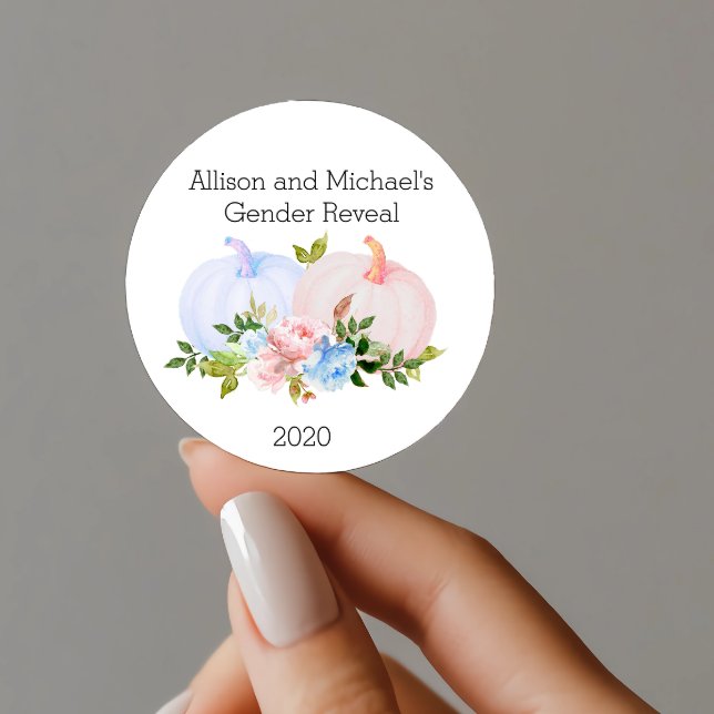Gender Reveal Pumpkin Favour gift Custom Classic Round Sticker (Creator Uploaded)
