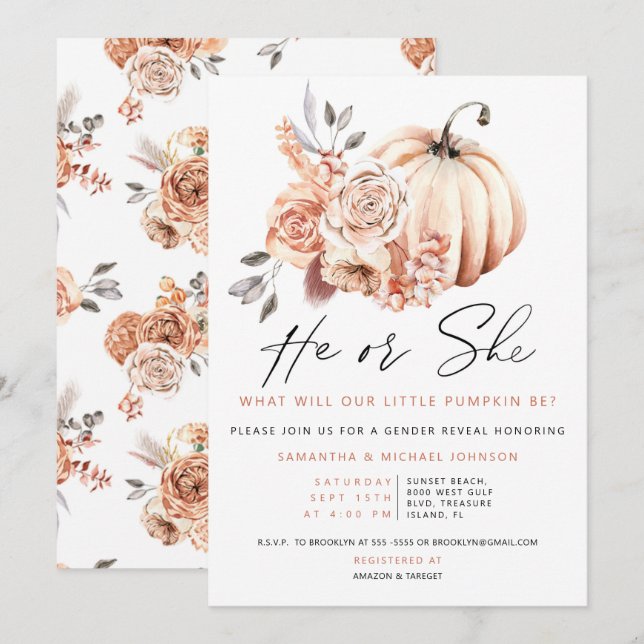 Gender Reveal Pumpkin Invitation, Fall he or She Invitation (Front/Back)