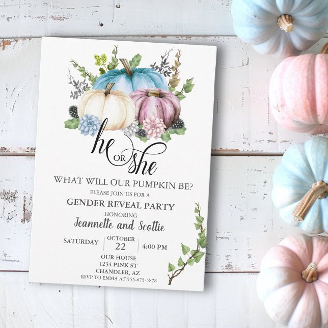 Gender Reveal Pumpkin Pink Blue Autumn Invitation (Creator Uploaded)