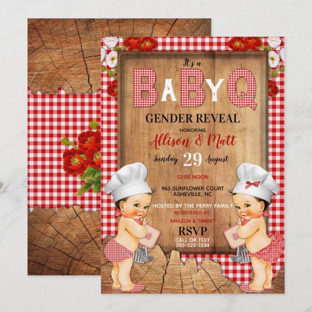 Gender Reveal Red Gingham Wood Baby Q Barbecue Invitation (Front/Back)