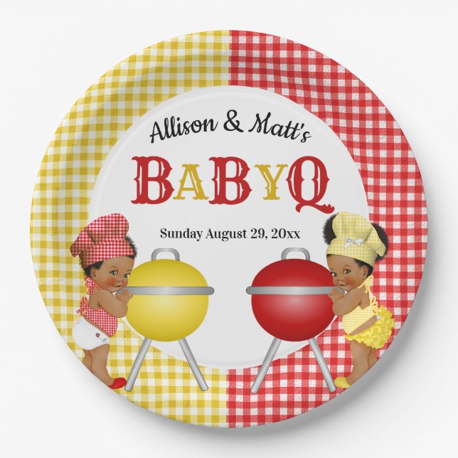 Gender Reveal Red Yellow Gingham Baby Q BBQ Paper Plate (Front)