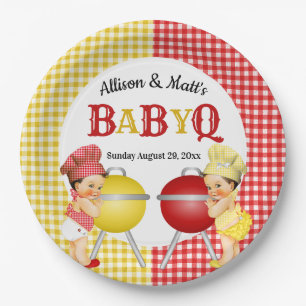 Gender Reveal Red Yellow Gingham Baby Q BBQ Paper Plate