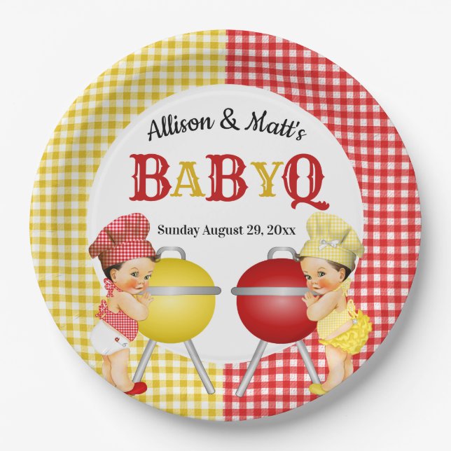 Gender Reveal Red Yellow Gingham Baby Q BBQ Paper Plate (Front)