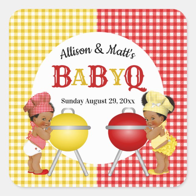 Gender Reveal Red Yellow Gingham Baby Q BBQ Square Sticker (Front)