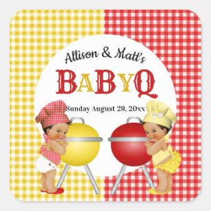 Gender Reveal Red Yellow Gingham Baby Q BBQ Square Sticker